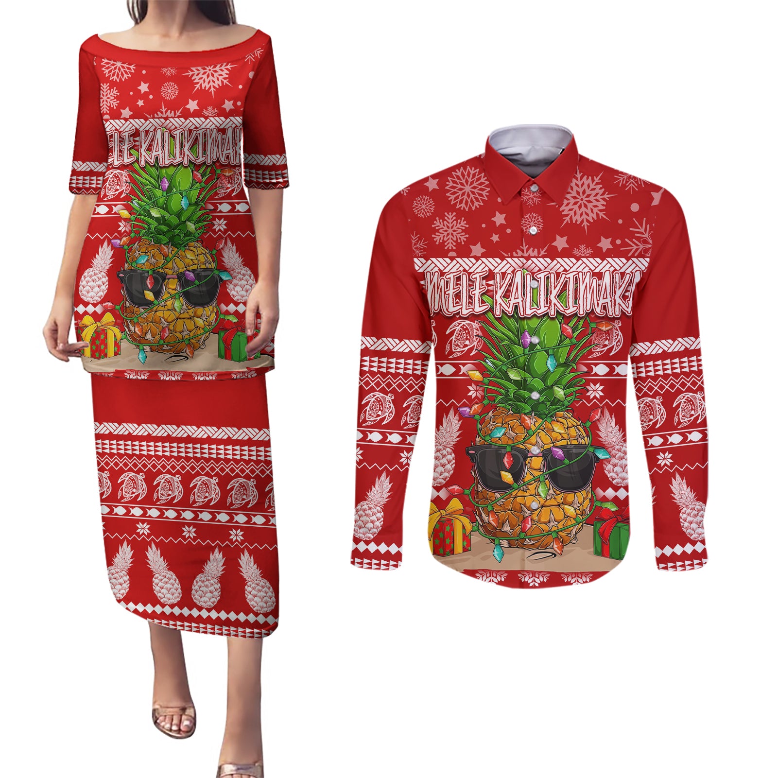 Hawaii Pineapple Christmas Couples Matching Puletasi Dress and Long Sleeve Button Shirt Mele Kalikimaka LT7 Red - Polynesian Pride