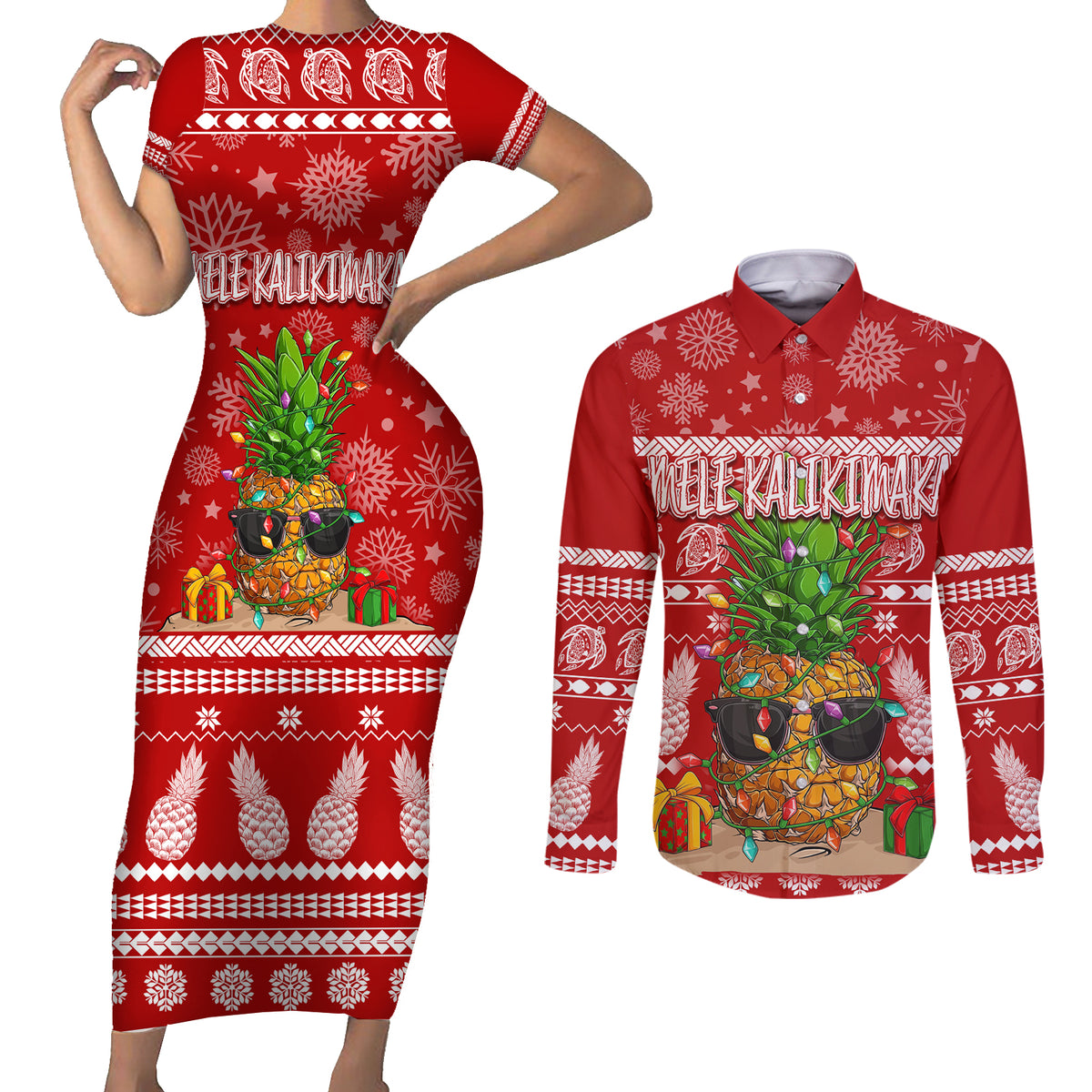 Hawaii Pineapple Christmas Couples Matching Short Sleeve Bodycon Dress and Long Sleeve Button Shirt Mele Kalikimaka LT7 Red - Polynesian Pride
