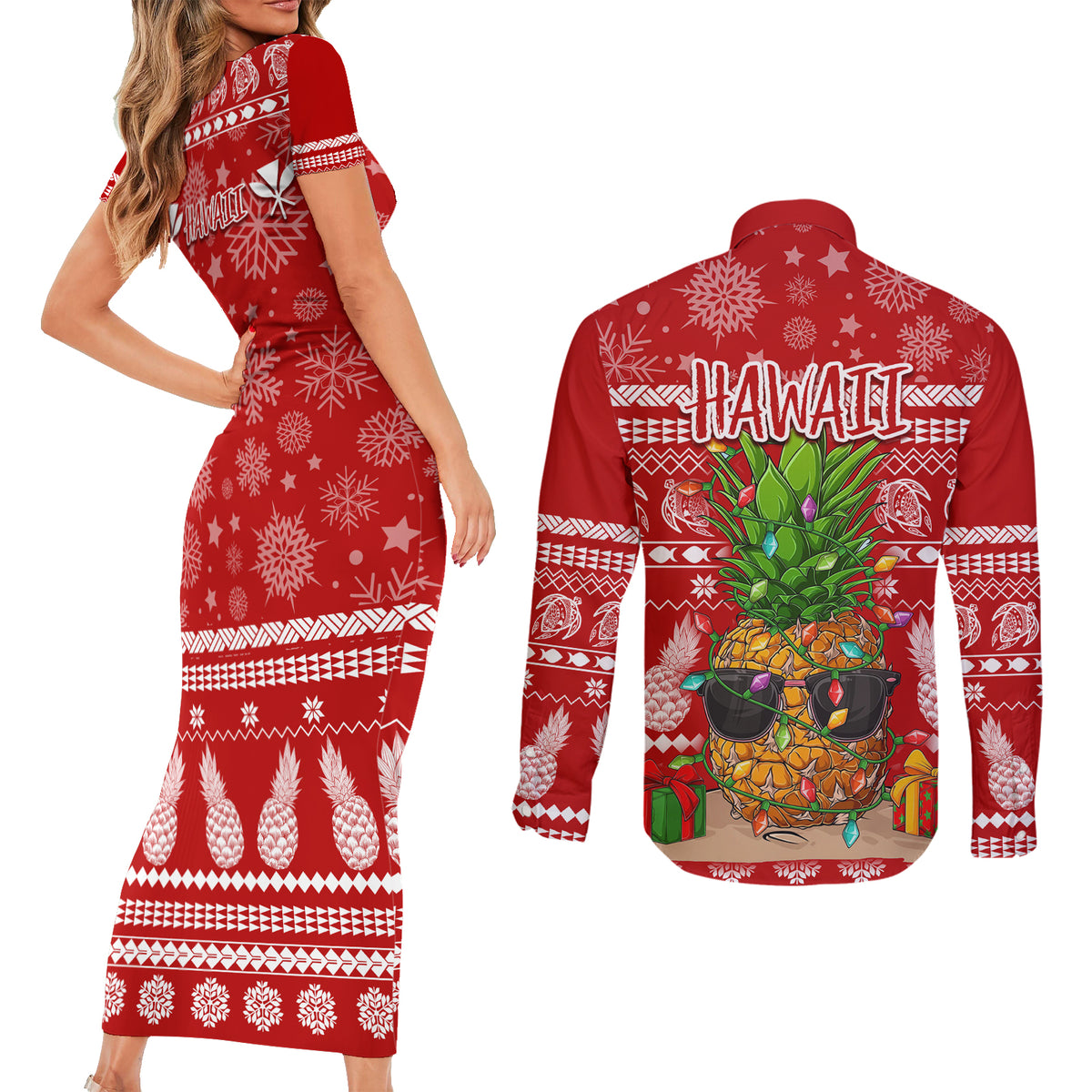 Hawaii Pineapple Christmas Couples Matching Short Sleeve Bodycon Dress and Long Sleeve Button Shirt Mele Kalikimaka LT7 - Polynesian Pride