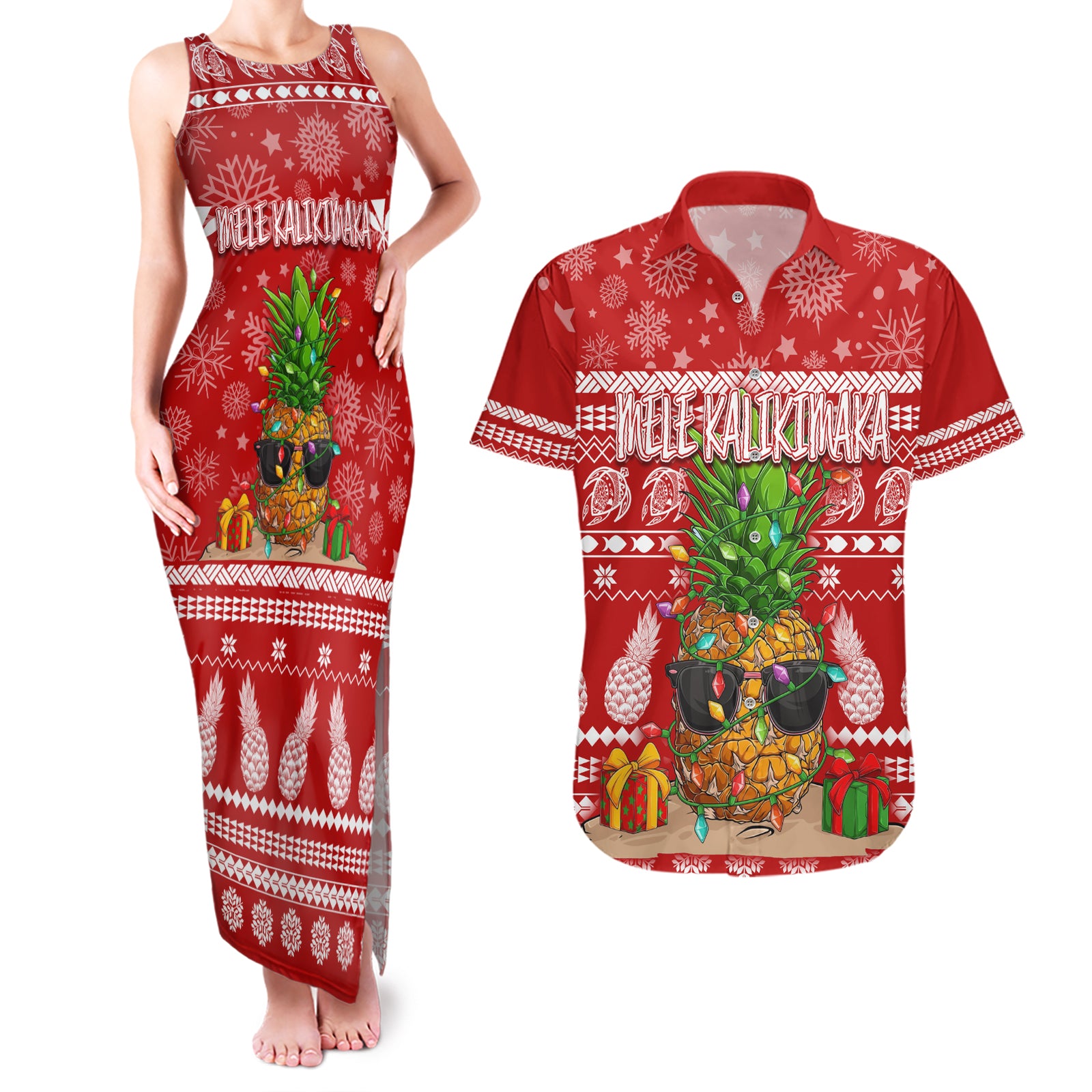 Hawaii Pineapple Christmas Couples Matching Tank Maxi Dress and Hawaiian Shirt Mele Kalikimaka LT7 Red - Polynesian Pride