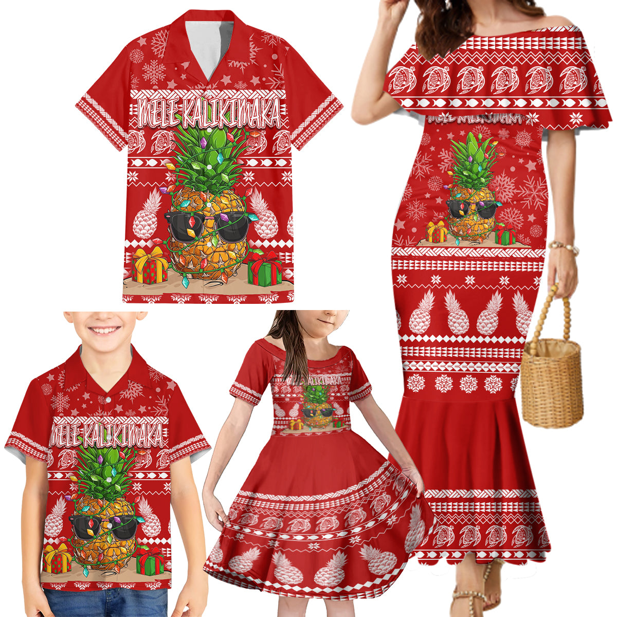 Hawaii Pineapple Christmas Family Matching Mermaid Dress and Hawaiian Shirt Mele Kalikimaka LT7 - Polynesian Pride