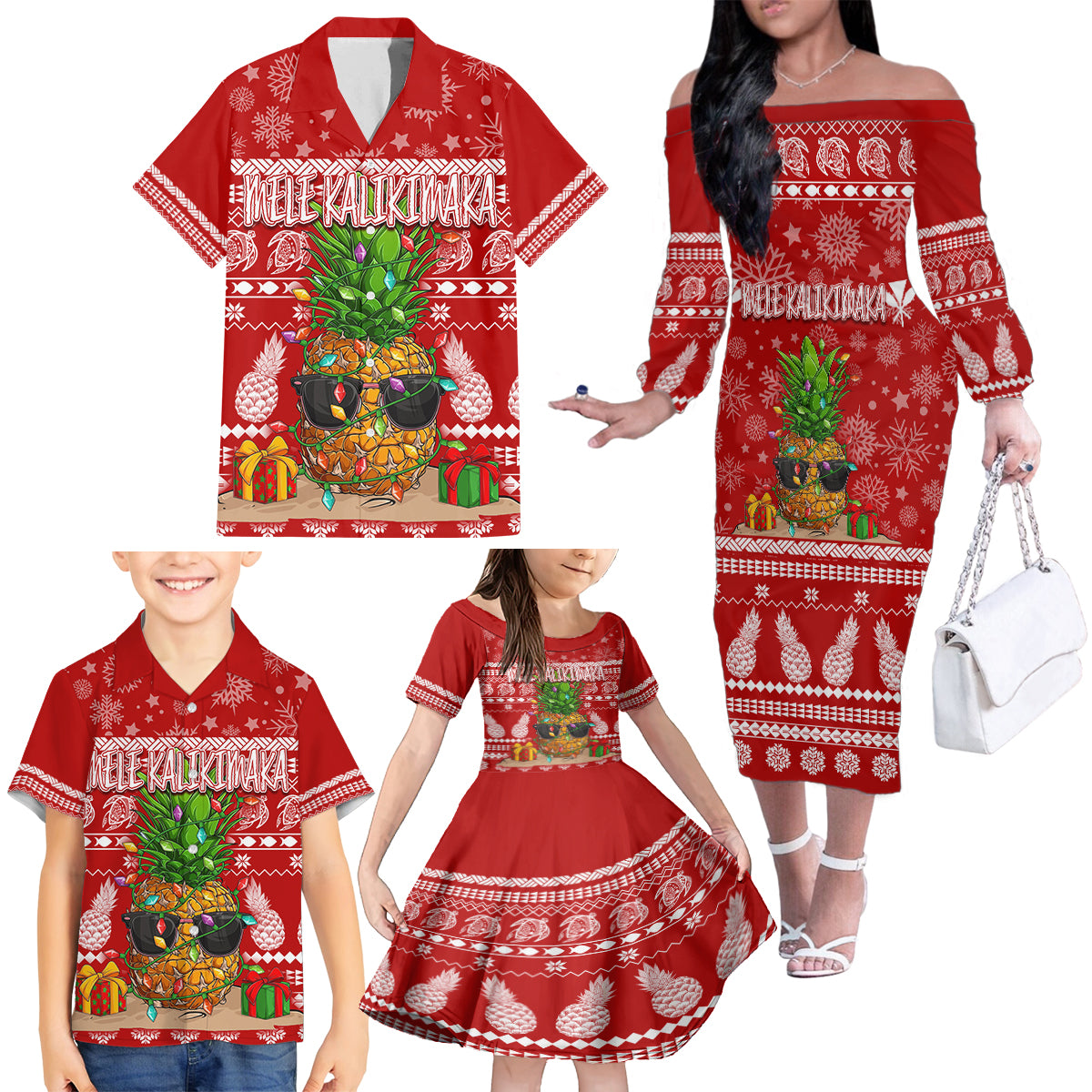 Hawaii Pineapple Christmas Family Matching Off Shoulder Long Sleeve Dress and Hawaiian Shirt Mele Kalikimaka LT7 - Polynesian Pride