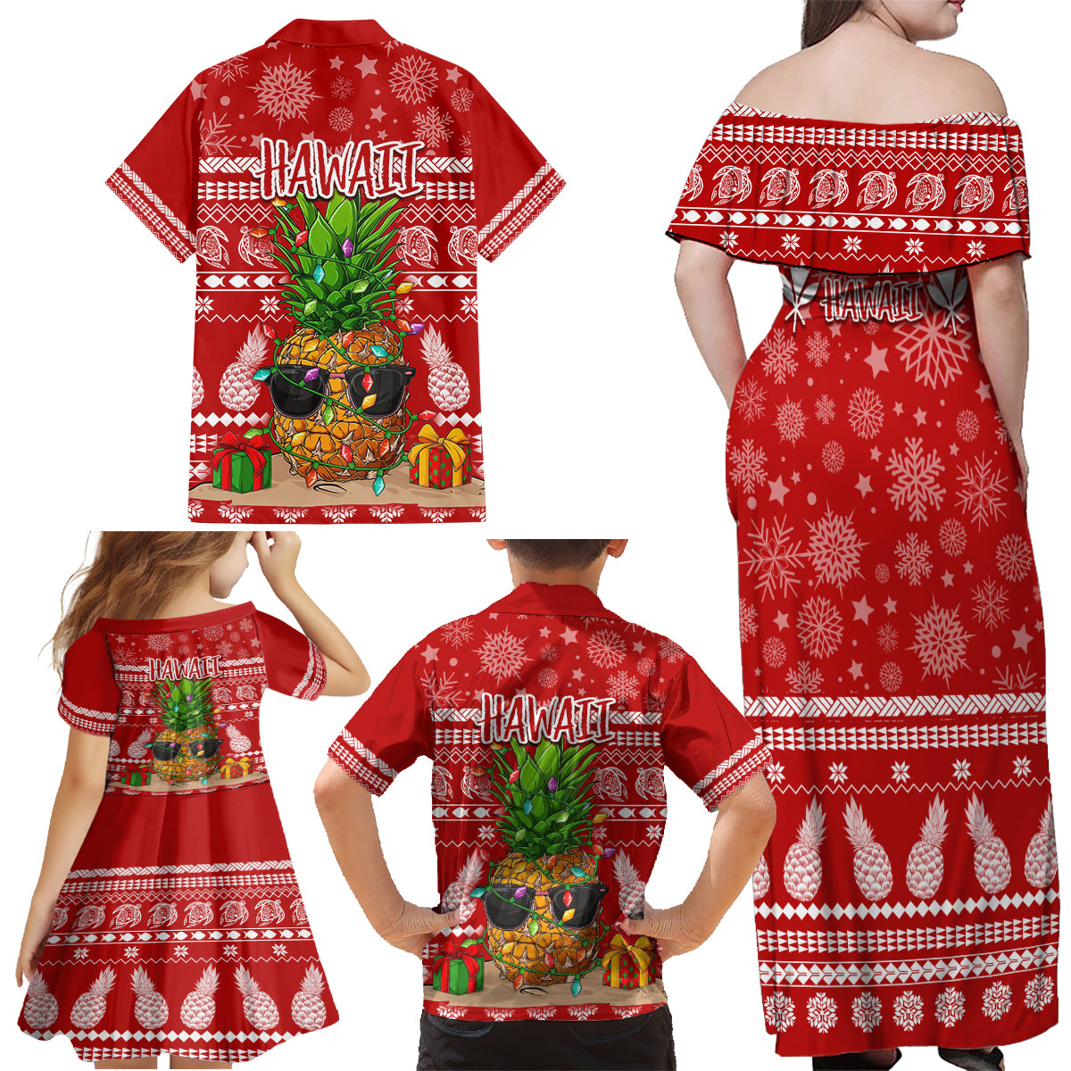 Hawaii Pineapple Christmas Family Matching Off Shoulder Maxi Dress and Hawaiian Shirt Mele Kalikimaka LT7 - Polynesian Pride