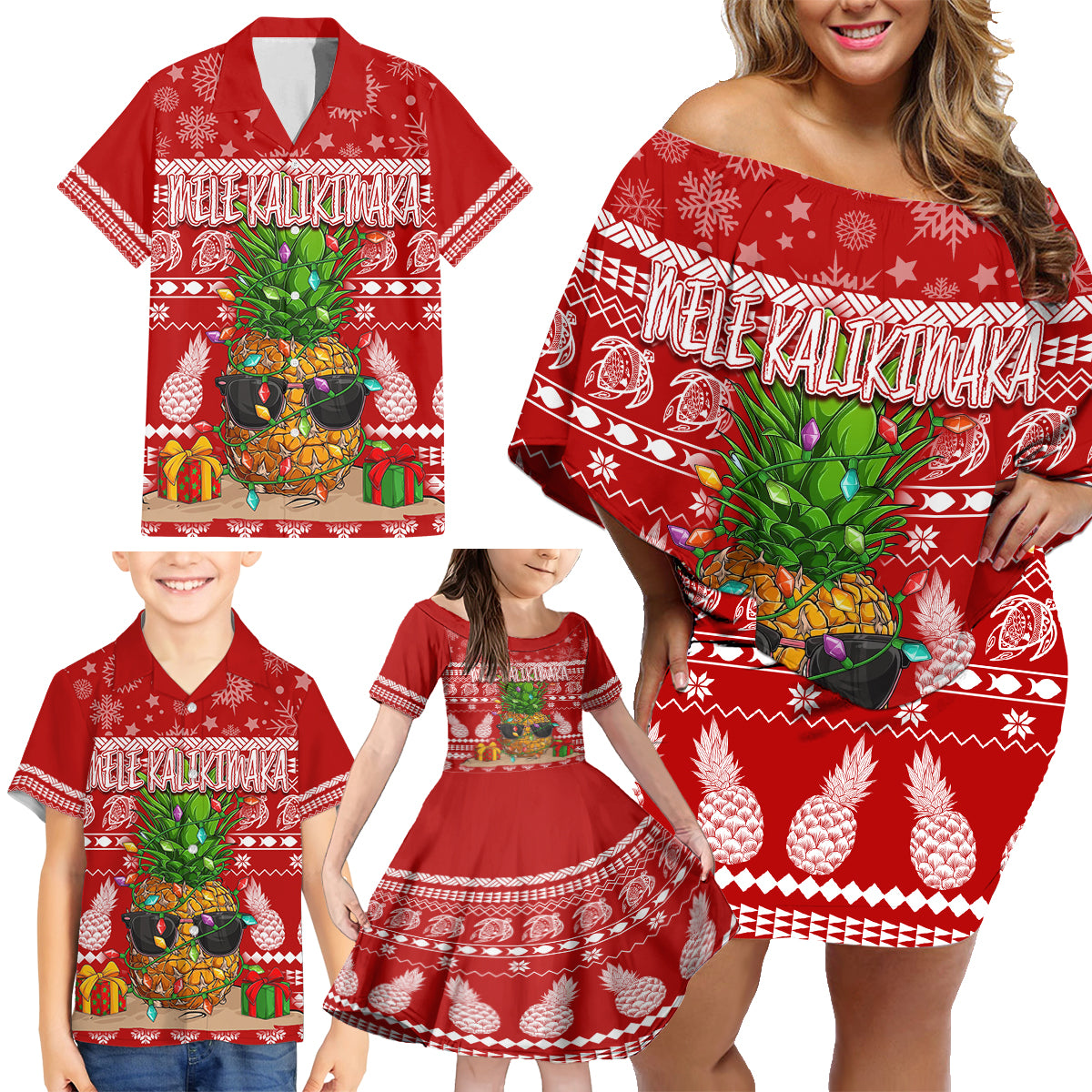 Hawaii Pineapple Christmas Family Matching Off Shoulder Short Dress and Hawaiian Shirt Mele Kalikimaka LT7 - Polynesian Pride