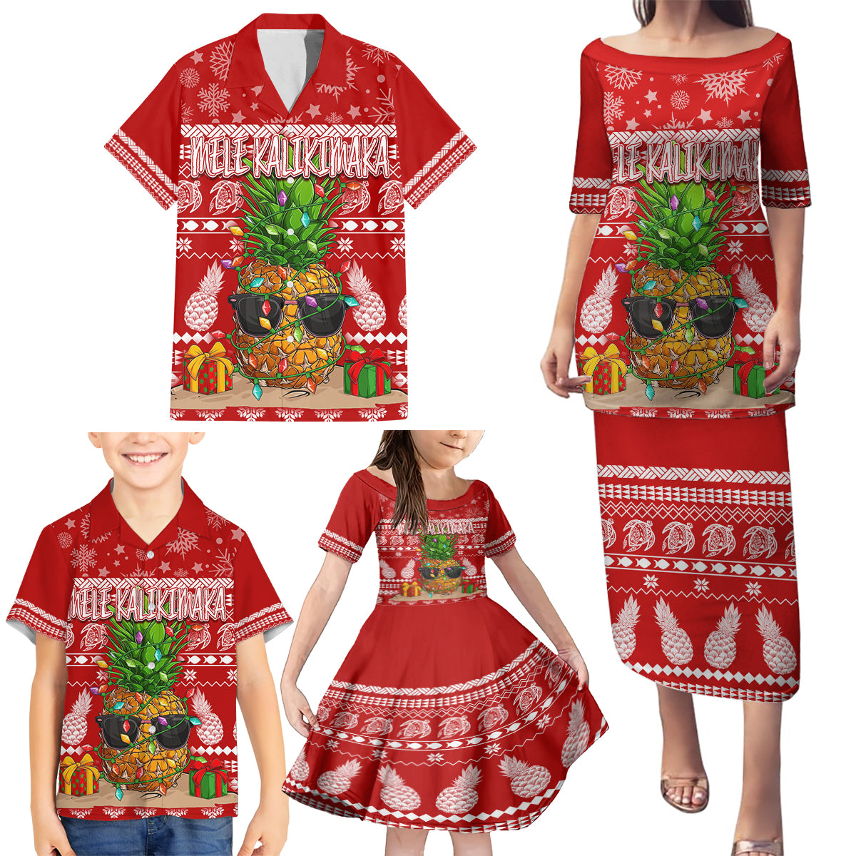 Hawaii Pineapple Christmas Family Matching Puletasi Dress and Hawaiian Shirt Mele Kalikimaka LT7 - Polynesian Pride