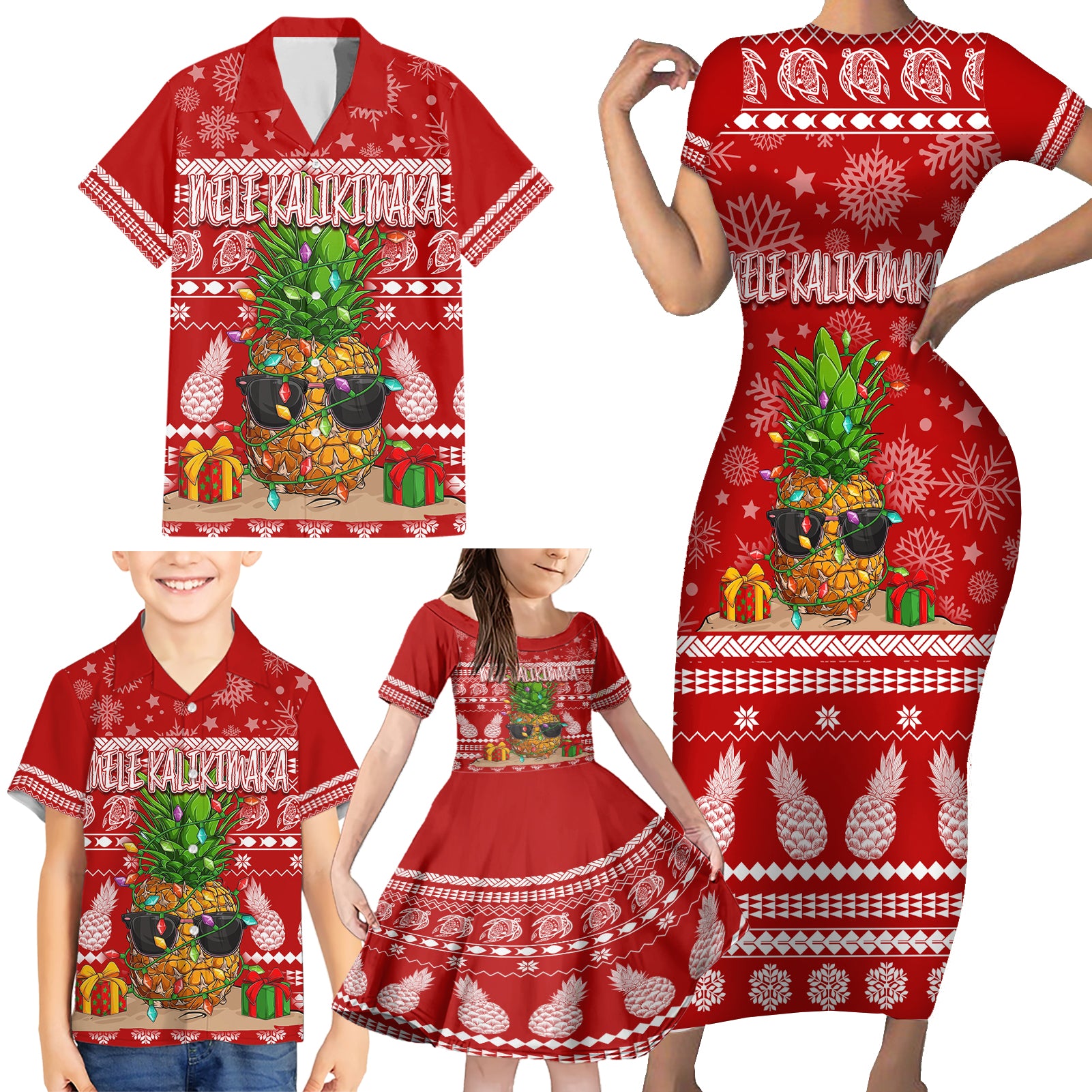 Hawaii Pineapple Christmas Family Matching Short Sleeve Bodycon Dress and Hawaiian Shirt Mele Kalikimaka LT7 - Polynesian Pride