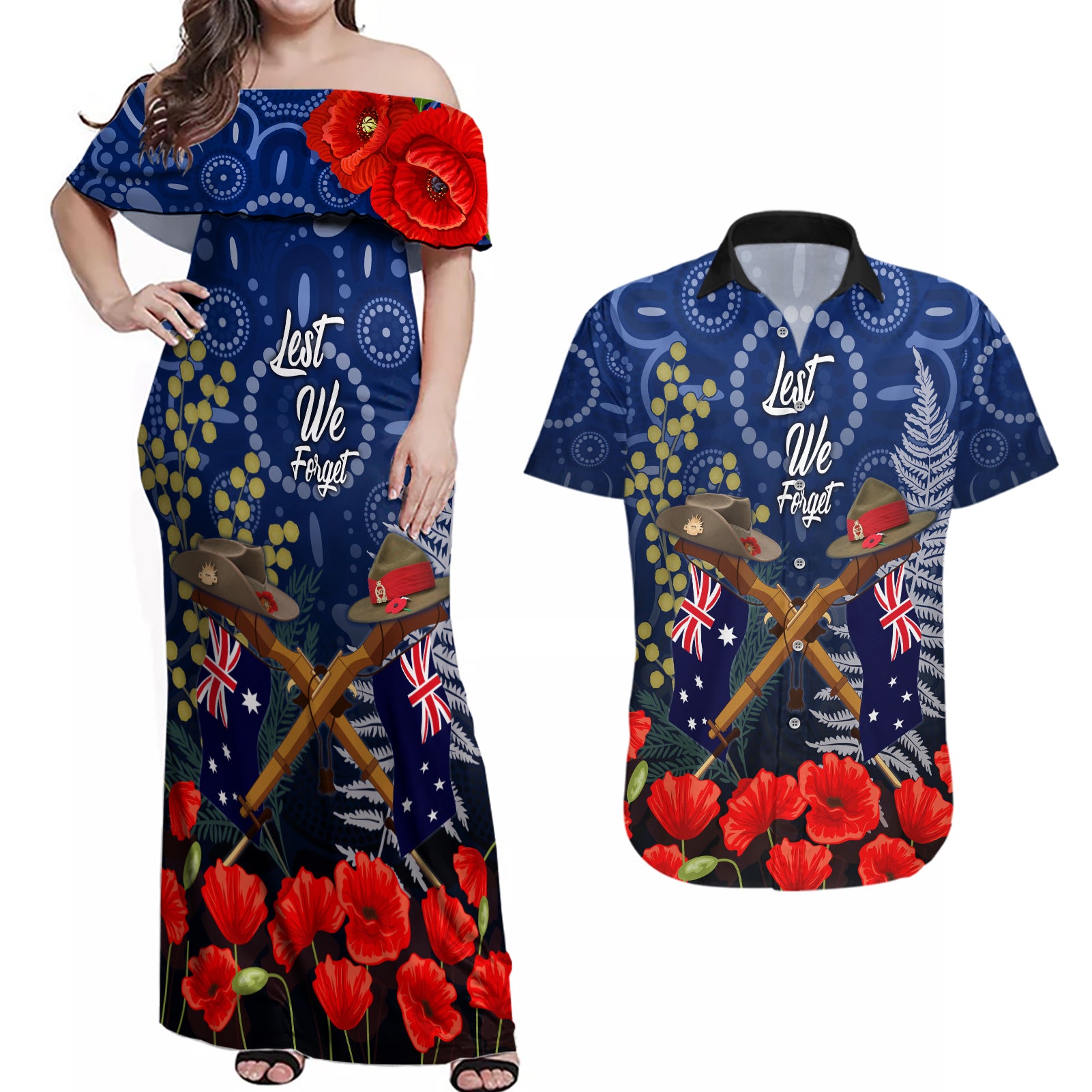 Anzac Couples Matching Off Shoulder Maxi Dress and Hawaiian Shirt Ausralia Aboriginal Mix New Zealand Slouch Hats LT7 Blue - Polynesian Pride