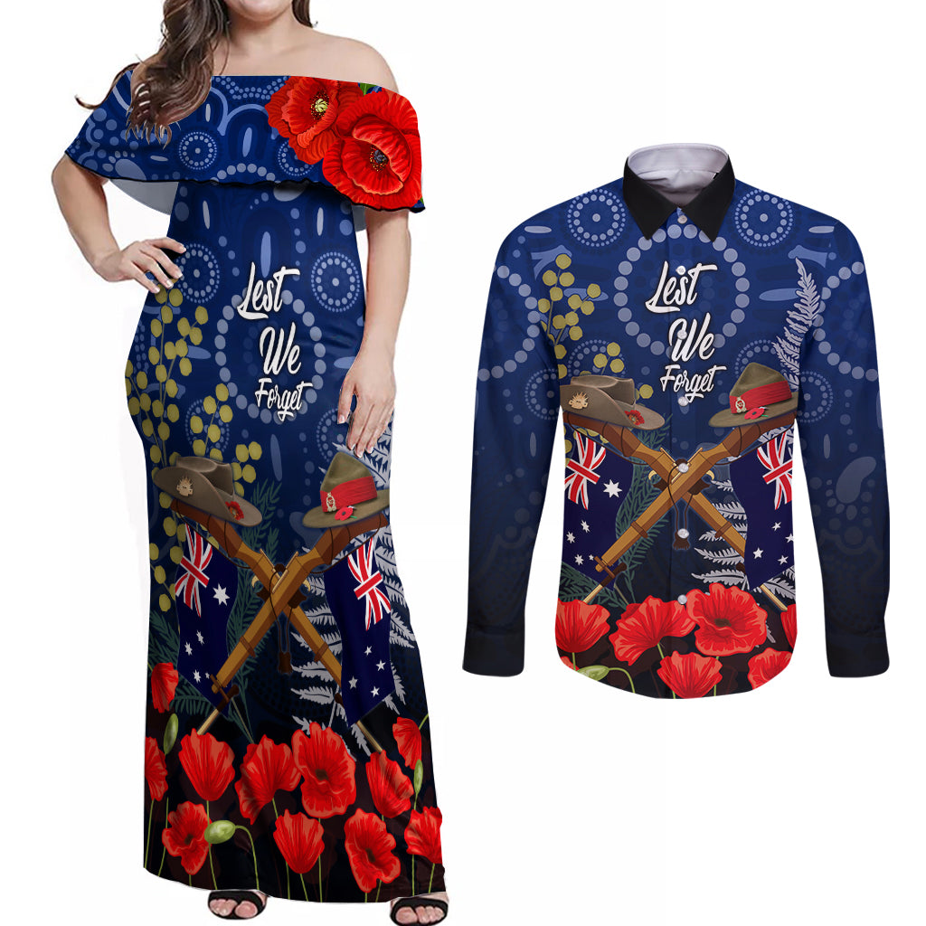 Anzac Couples Matching Off Shoulder Maxi Dress and Long Sleeve Button Shirt Australia Aboriginal Mix New Zealand Slouch Hats LT7 Blue - Polynesian Pride