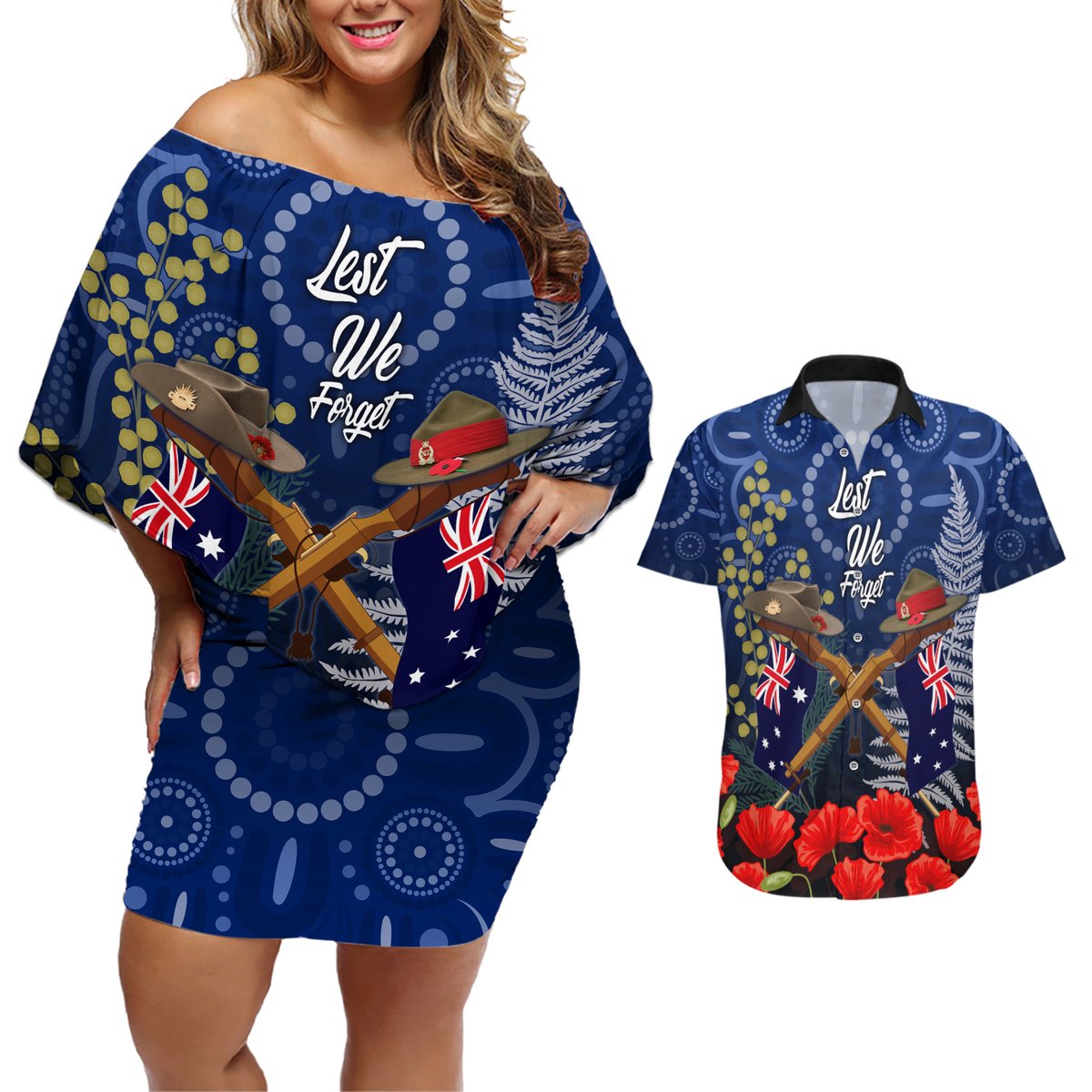 Anzac Couples Matching Off Shoulder Short Dress and Hawaiian Shirt Australia Aboriginal Mix New Zealand Slouch Hats LT7 Blue - Polynesian Pride