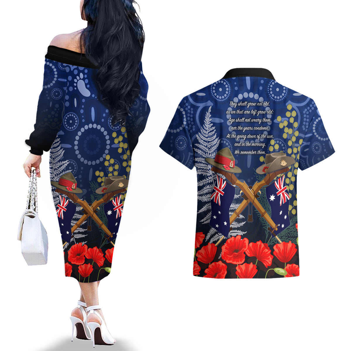 Anzac Couples Matching Off The Shoulder Long Sleeve Dress and Hawaiian Shirt Ausralia Aboriginal Mix New Zealand Slouch Hats LT7 - Polynesian Pride
