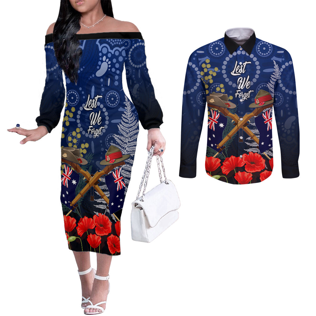 Anzac Couples Matching Off The Shoulder Long Sleeve Dress and Long Sleeve Button Shirt Ausralia Aboriginal Mix New Zealand Slouch Hats LT7 Blue - Polynesian Pride