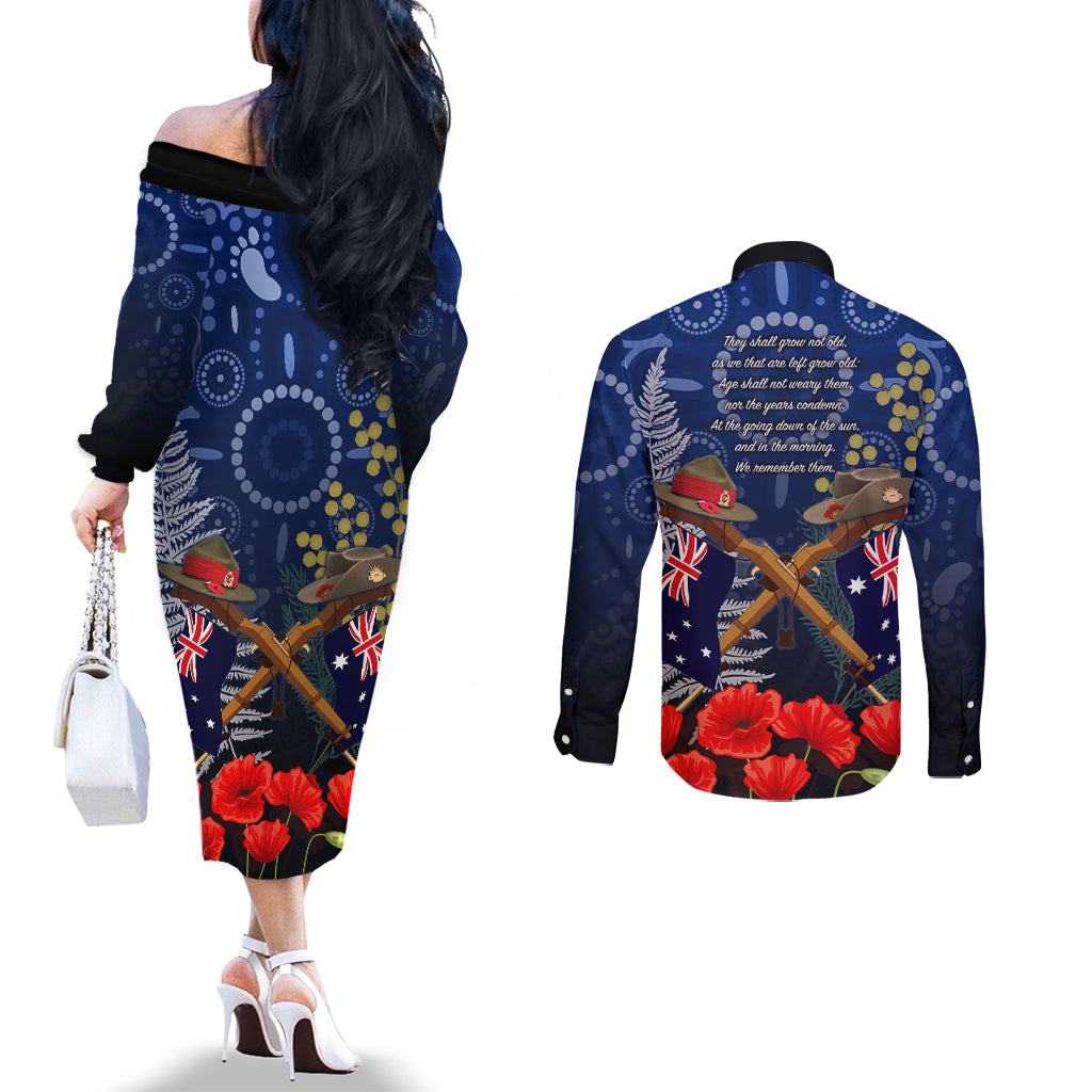 Anzac Couples Matching Off The Shoulder Long Sleeve Dress and Long Sleeve Button Shirt Ausralia Aboriginal Mix New Zealand Slouch Hats LT7 - Polynesian Pride