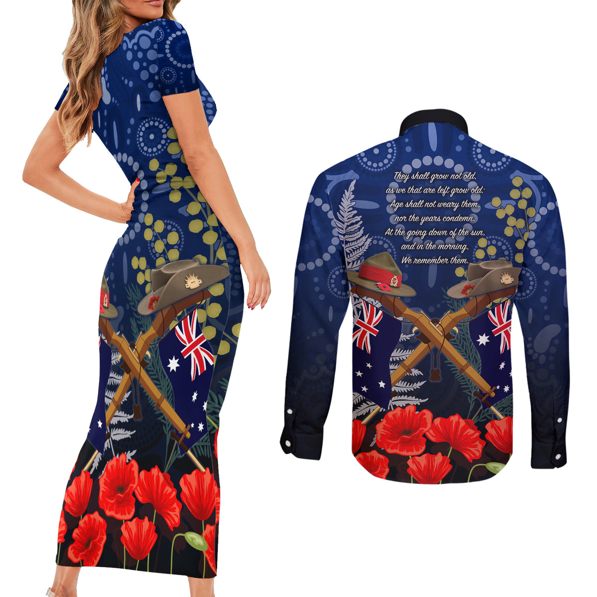 Anzac Couples Matching Short Sleeve Bodycon Dress and Long Sleeve Button Shirt Ausralia Aboriginal Mix New Zealand Slouch Hats LT7 - Polynesian Pride