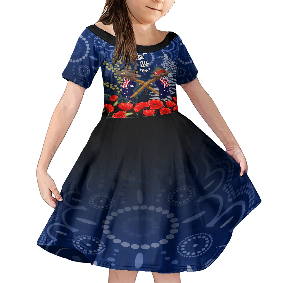 Anzac Family Matching Off Shoulder Long Sleeve Dress and Hawaiian Shirt Australia Aboriginal Mix New Zealand Slouch Hats LT7 Daughter's Dress Blue - Polynesian Pride