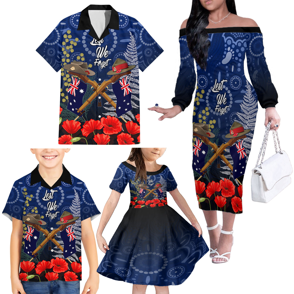 Anzac Family Matching Off Shoulder Long Sleeve Dress and Hawaiian Shirt Australia Aboriginal Mix New Zealand Slouch Hats LT7 - Polynesian Pride
