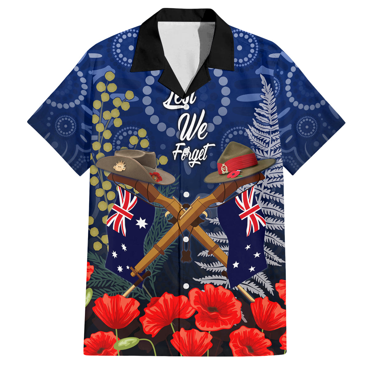 Anzac Family Matching Off Shoulder Long Sleeve Dress and Hawaiian Shirt Australia Aboriginal Mix New Zealand Slouch Hats LT7 Dad's Shirt - Short Sleeve Blue - Polynesian Pride