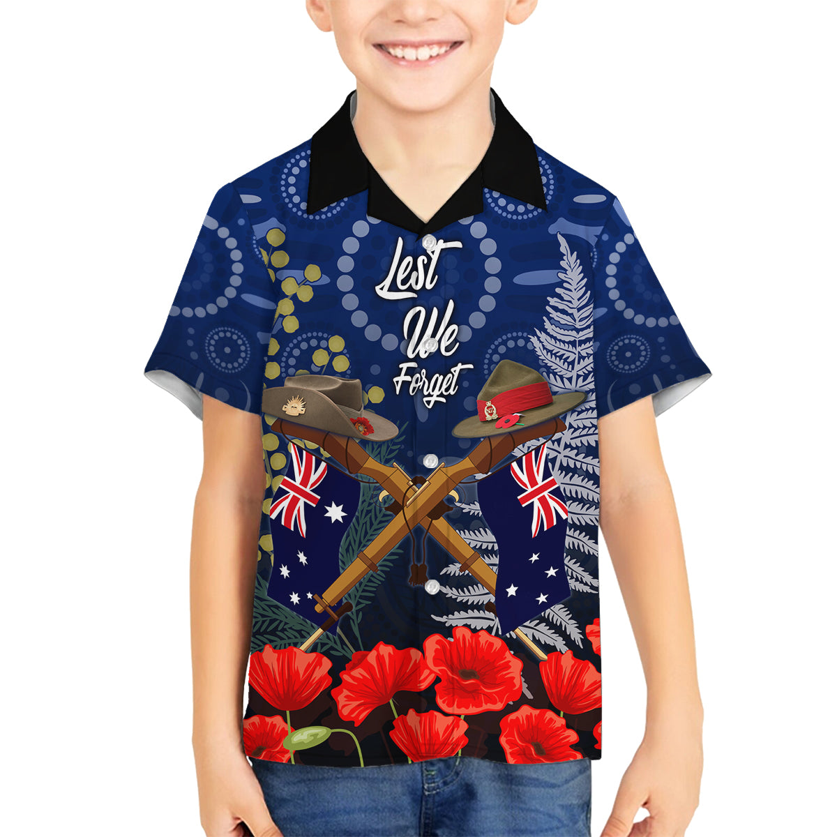 Anzac Family Matching Off Shoulder Long Sleeve Dress and Hawaiian Shirt Australia Aboriginal Mix New Zealand Slouch Hats LT7 Son's Shirt Blue - Polynesian Pride