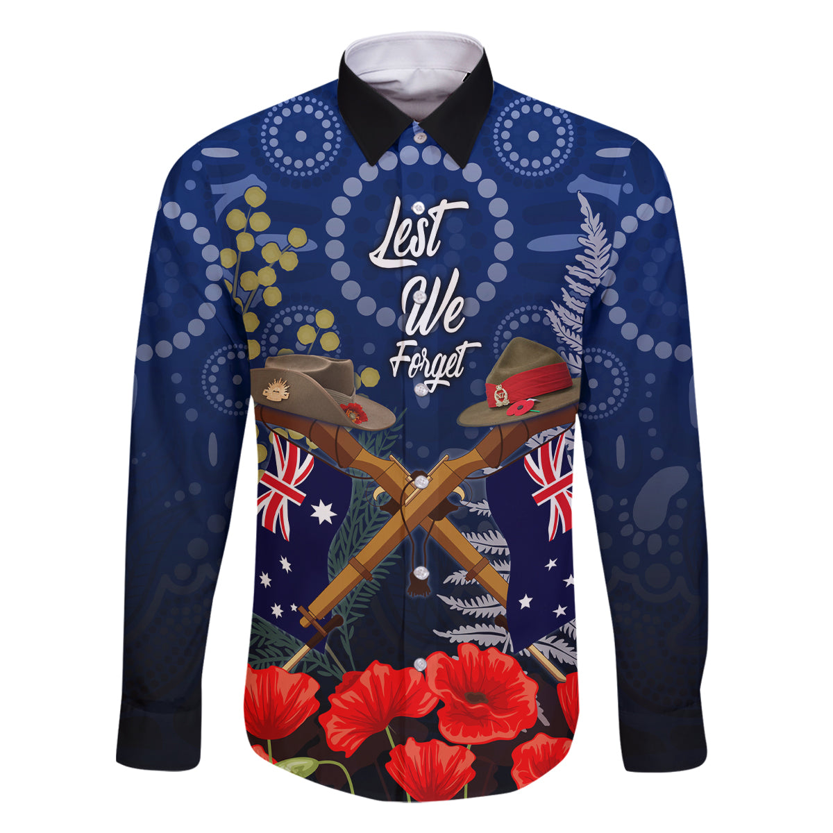 Anzac Family Matching Off Shoulder Maxi Dress and Hawaiian Shirt Ausralia Aboriginal Mix New Zealand Slouch Hats LT7 Dad's Shirt - Long Sleeve Blue - Polynesian Pride