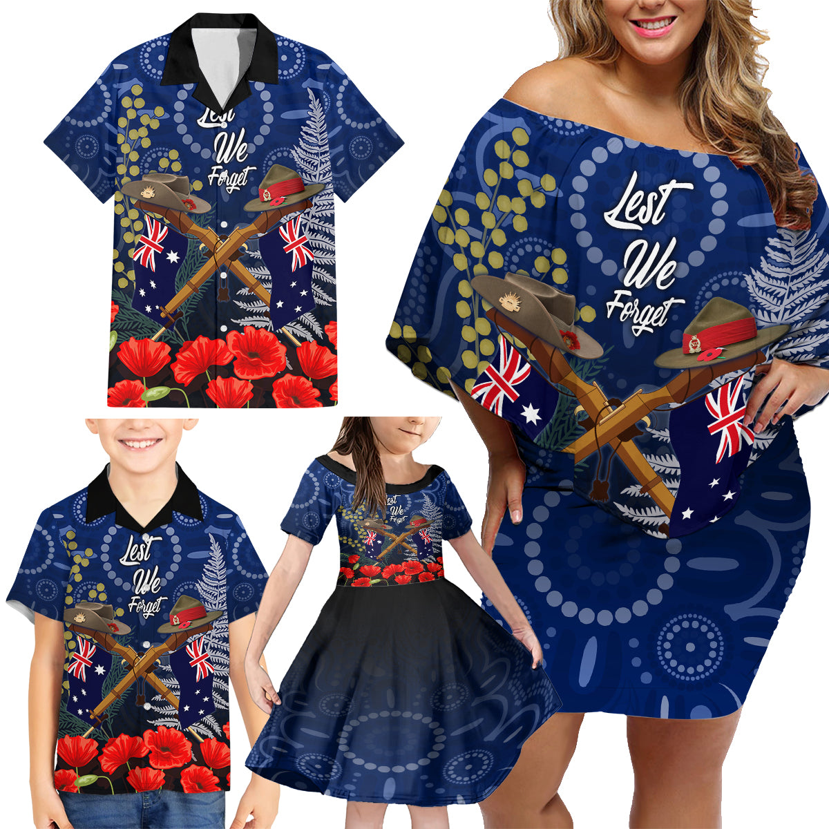 Anzac Family Matching Off Shoulder Short Dress and Hawaiian Shirt Ausralia Aboriginal Mix New Zealand Slouch Hats LT7 - Polynesian Pride