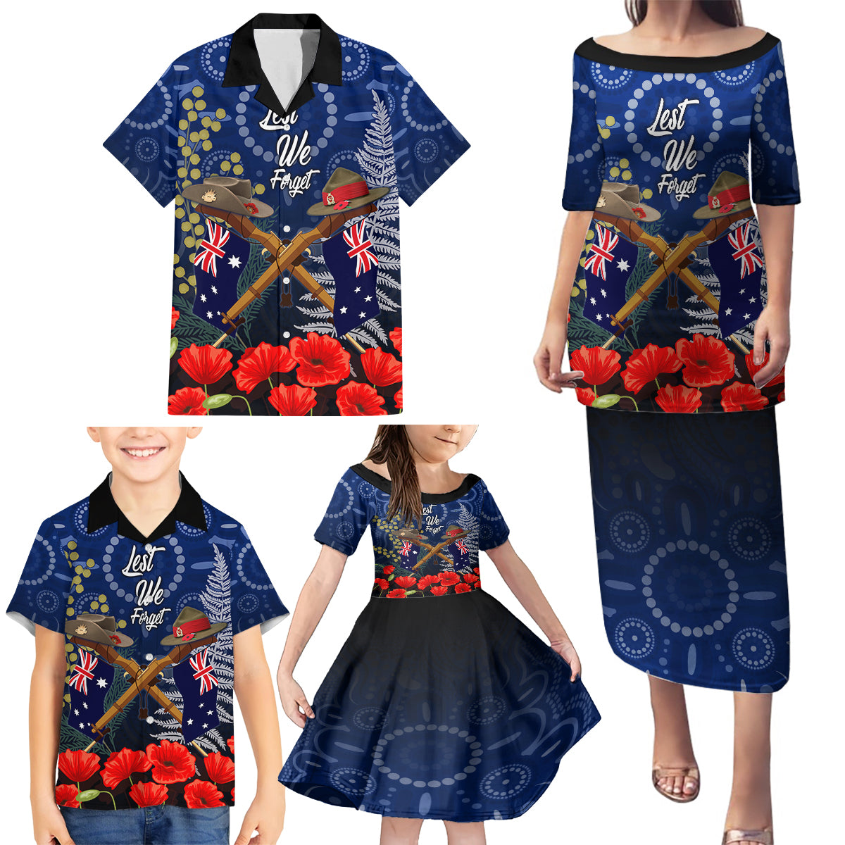Anzac Family Matching Puletasi and Hawaiian Shirt Australia Aboriginal Mix New Zealand Slouch Hats LT7 - Polynesian Pride