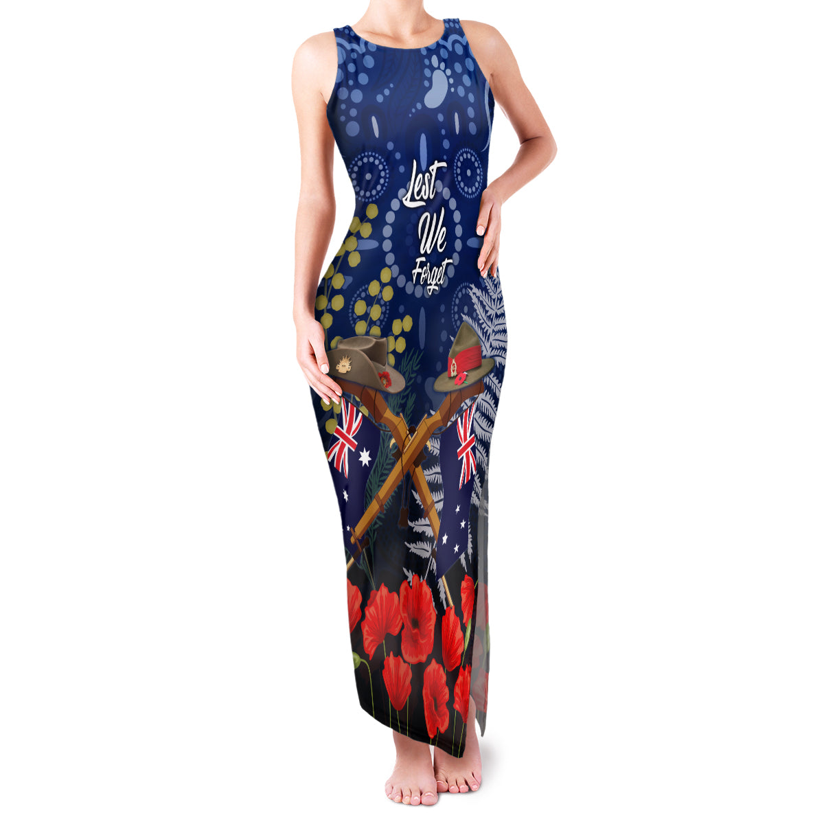 Anzac Family Matching Tank Maxi Dress and Hawaiian Shirt Ausralia Aboriginal Mix New Zealand Slouch Hats LT7 Mom's Dress Blue - Polynesian Pride