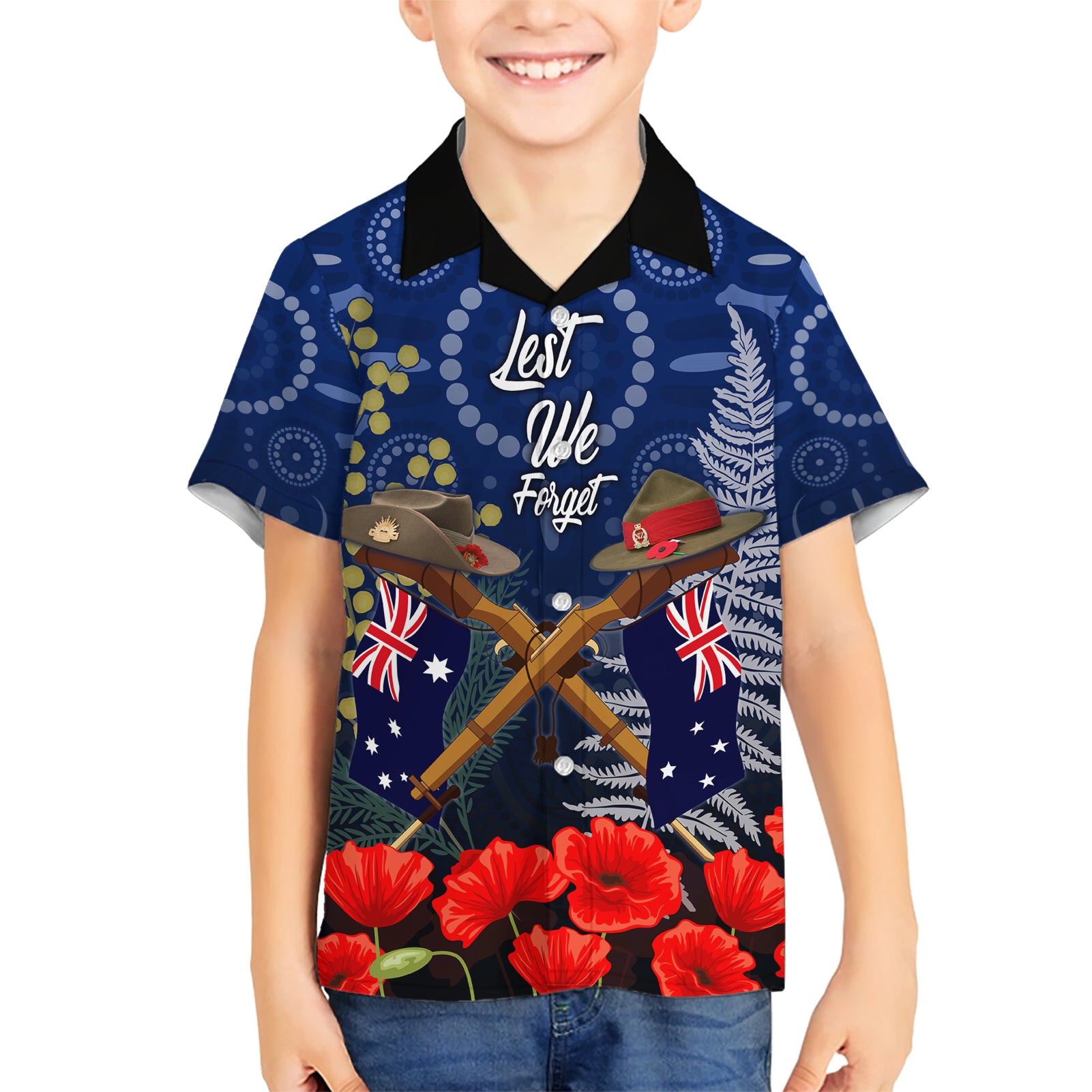 Anzac Kid Hawaiian Shirt Ausralia Aboriginal Mix New Zealand Slouch Hats LT7 Kid Blue - Polynesian Pride