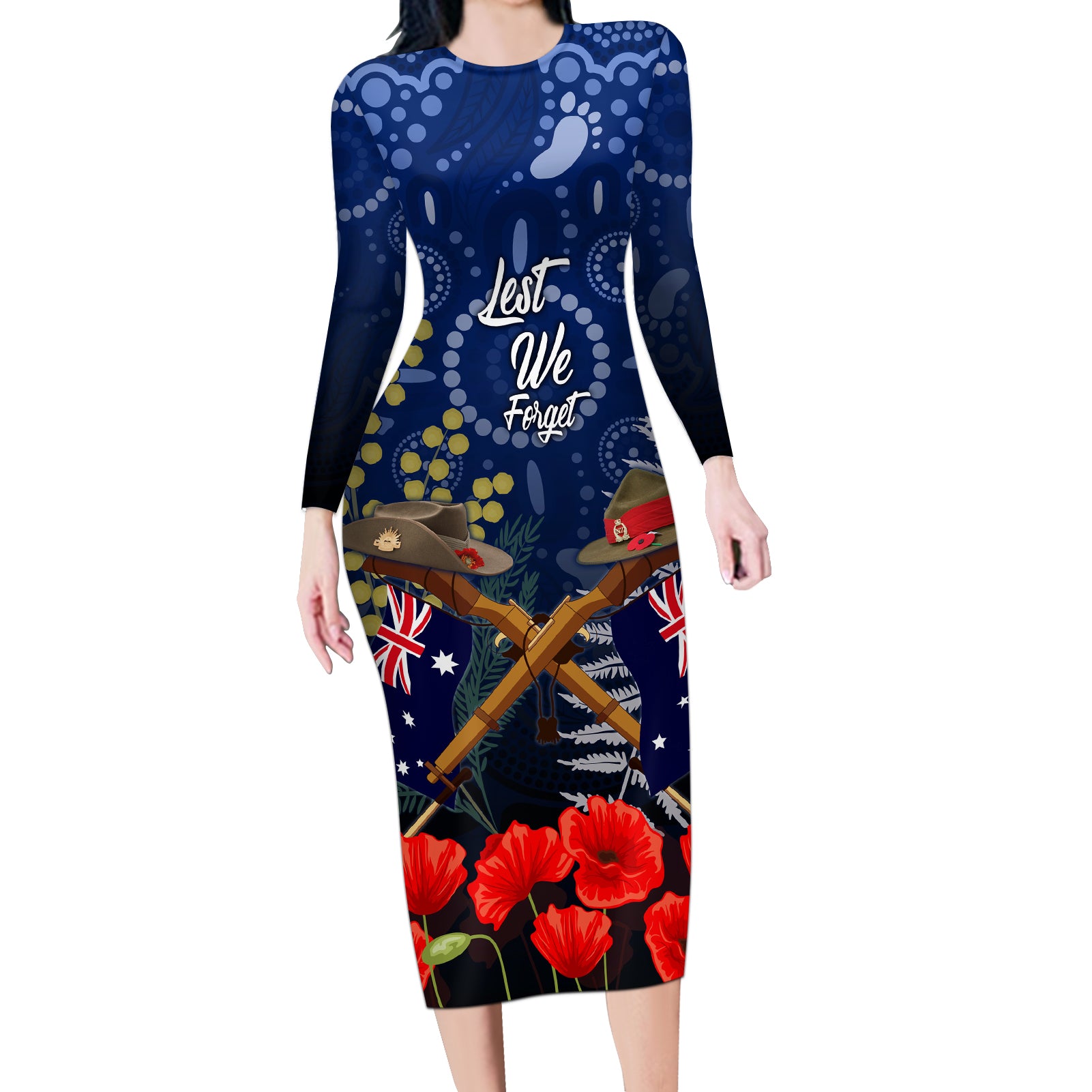 Anzac Long Sleeve Bodycon Dress Ausralia Aboriginal Mix New Zealand Slouch Hats LT7 Long Dress Blue - Polynesian Pride