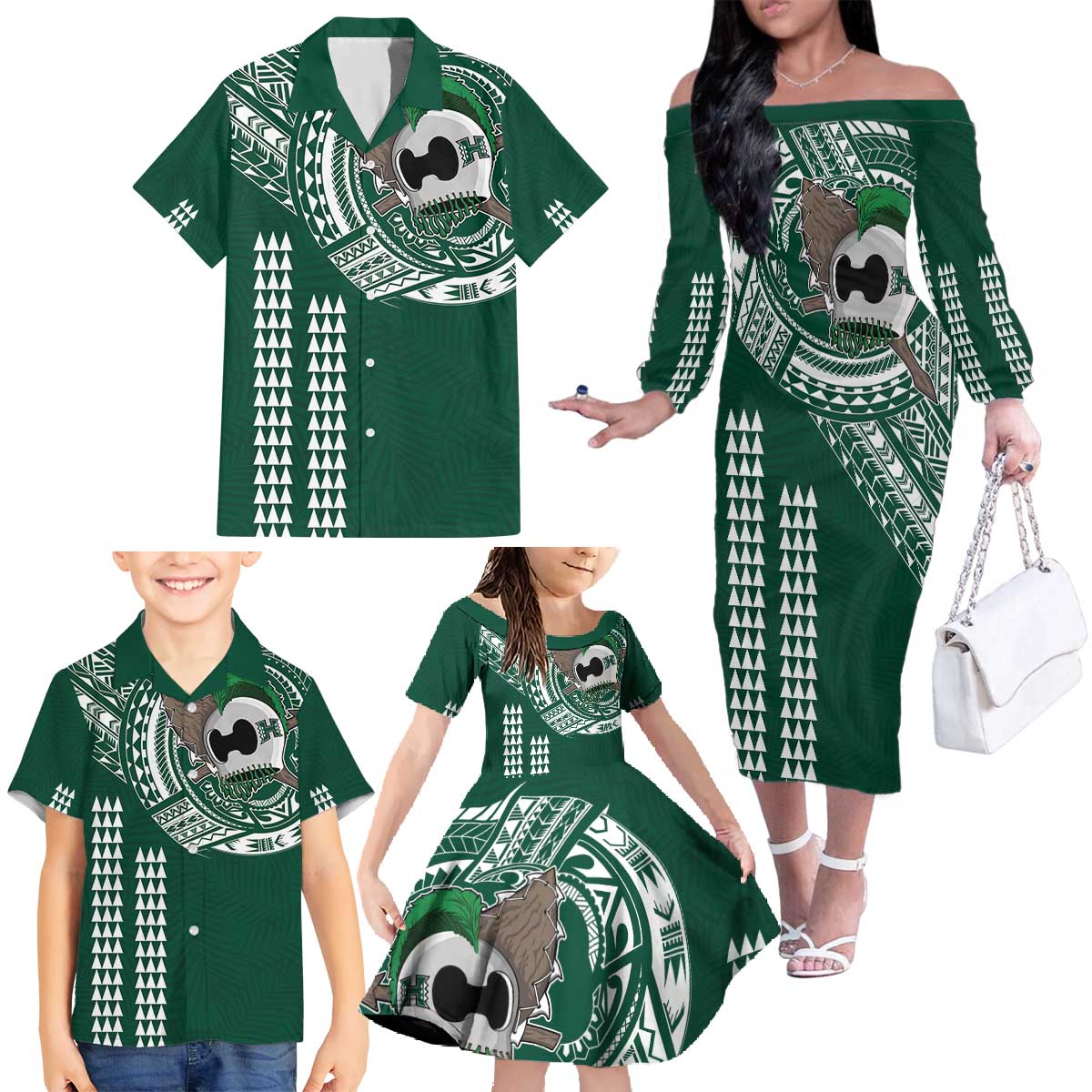 Hawaii Rainbow Warriors Personalized Family Matching Off The Shoulder Long Sleeve Dress and Hawaiian Shirt Kakau Ikakai Laau Pama