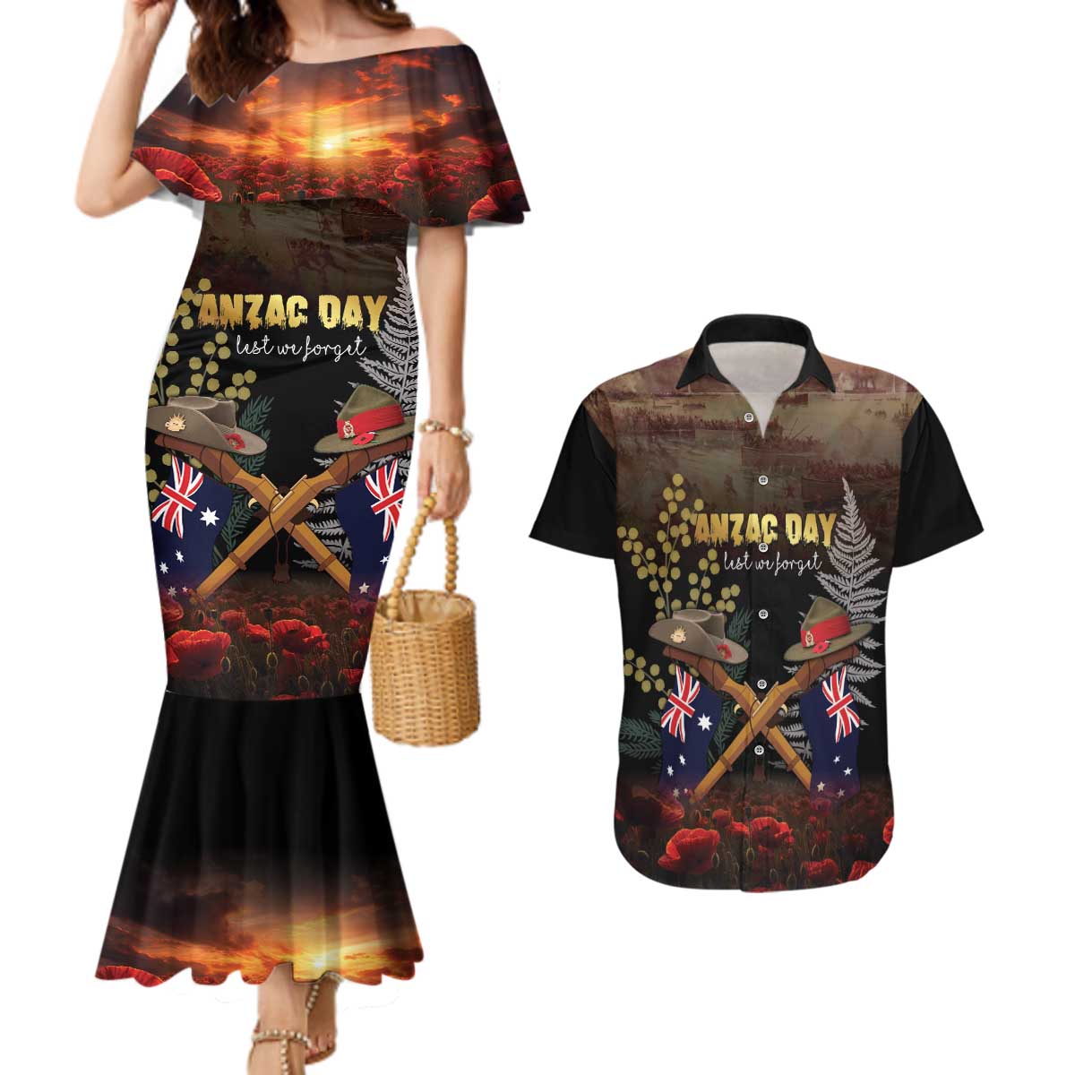 Australia - New Zealand ANZAC Couples Matching Mermaid Dress and Hawaiian Shirt Gallipoli ANZAC Cove Landing LT7 Black - Polynesian Pride