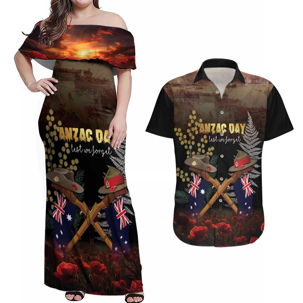 Australia - New Zealand ANZAC Couples Matching Off Shoulder Maxi Dress and Hawaiian Shirt Gallipoli ANZAC Cove Landing LT7 Black - Polynesian Pride