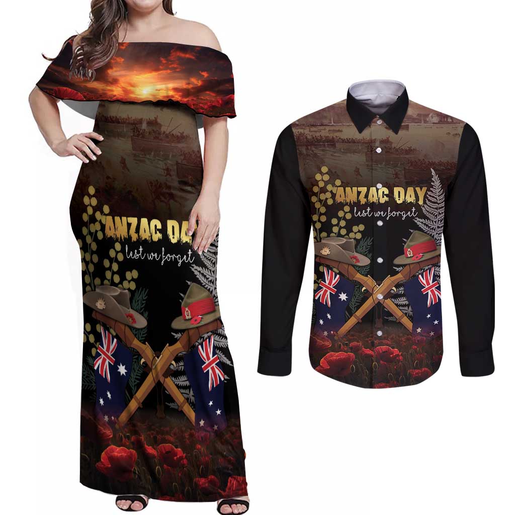 Australia - New Zealand ANZAC Couples Matching Off Shoulder Maxi Dress and Long Sleeve Button Shirt Gallipoli ANZAC Cove Landing