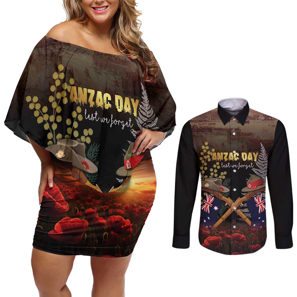 Australia - New Zealand ANZAC Couples Matching Off Shoulder Short Dress and Long Sleeve Button Shirt Gallipoli ANZAC Cove Landing