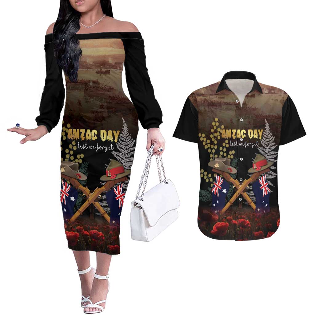 Australia - New Zealand ANZAC Couples Matching Off The Shoulder Long Sleeve Dress and Hawaiian Shirt Gallipoli ANZAC Cove Landing LT7 Black - Polynesian Pride