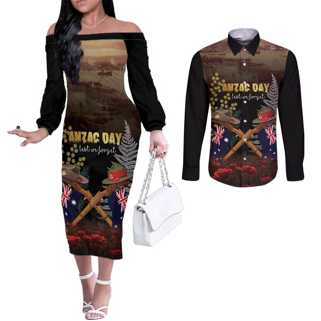 Australia - New Zealand ANZAC Couples Matching Off The Shoulder Long Sleeve Dress and Long Sleeve Button Shirt Gallipoli ANZAC Cove Landing