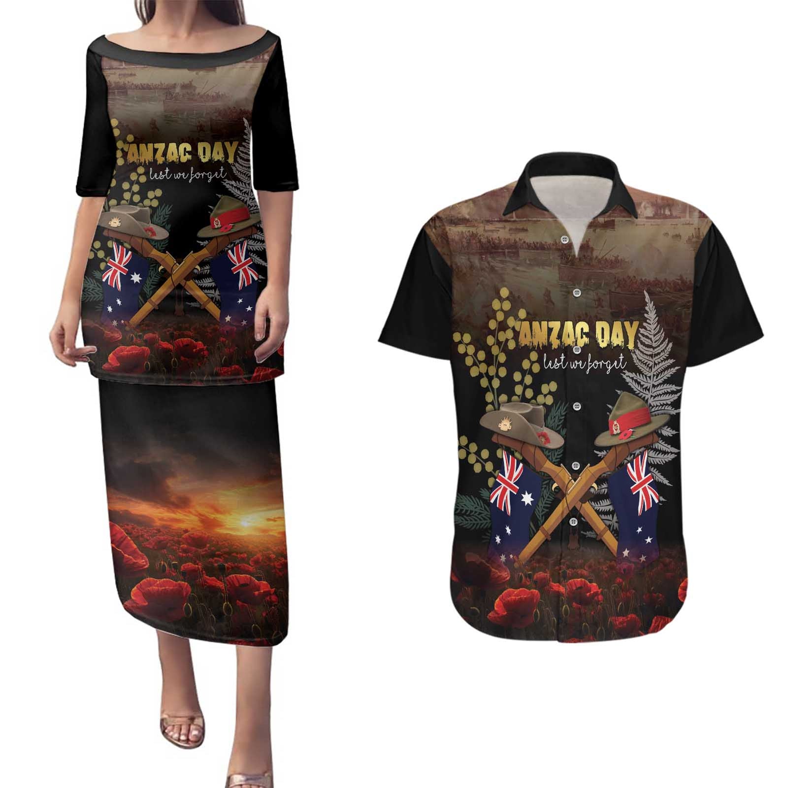 Australia - New Zealand ANZAC Couples Matching Puletasi and Hawaiian Shirt Gallipoli ANZAC Cove Landing LT7 Black - Polynesian Pride