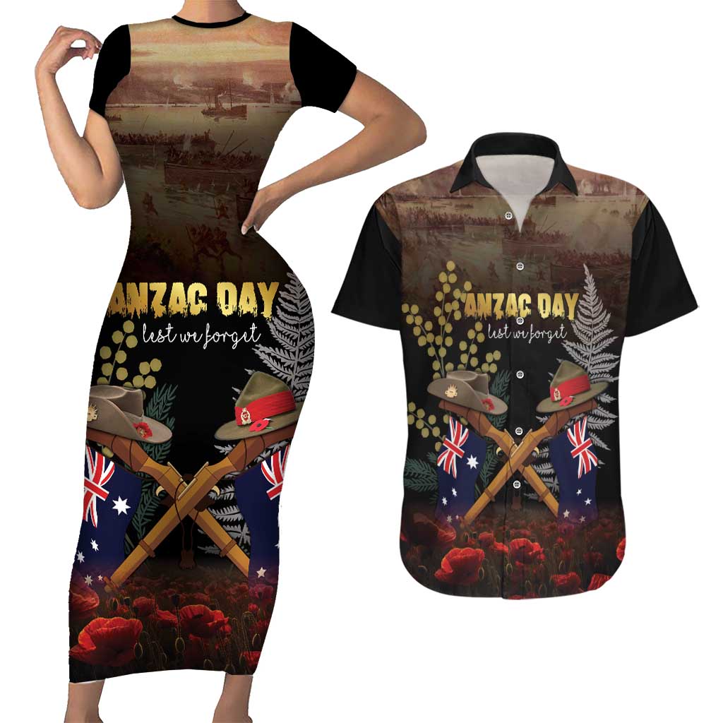 Australia - New Zealand ANZAC Couples Matching Short Sleeve Bodycon Dress and Hawaiian Shirt Gallipoli ANZAC Cove Landing