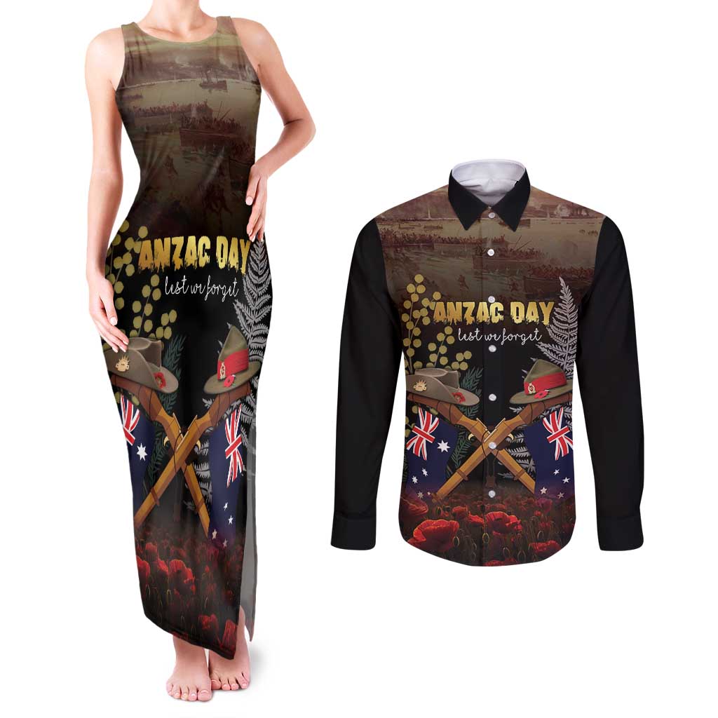 Australia - New Zealand ANZAC Couples Matching Tank Maxi Dress and Long Sleeve Button Shirt Gallipoli ANZAC Cove Landing LT7 Black - Polynesian Pride