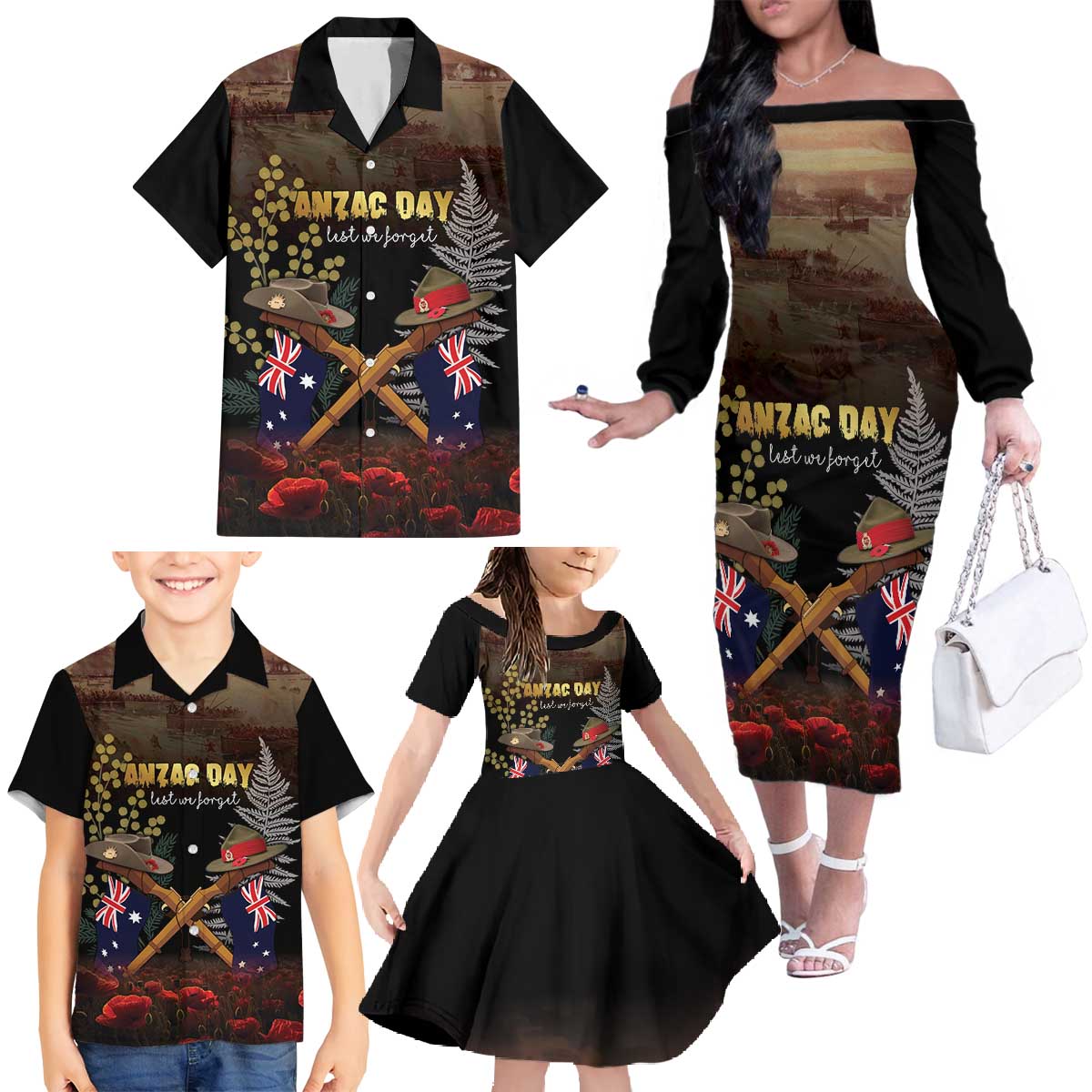 Australia - New Zealand ANZAC Family Matching Off The Shoulder Long Sleeve Dress and Hawaiian Shirt Gallipoli ANZAC Cove Landing