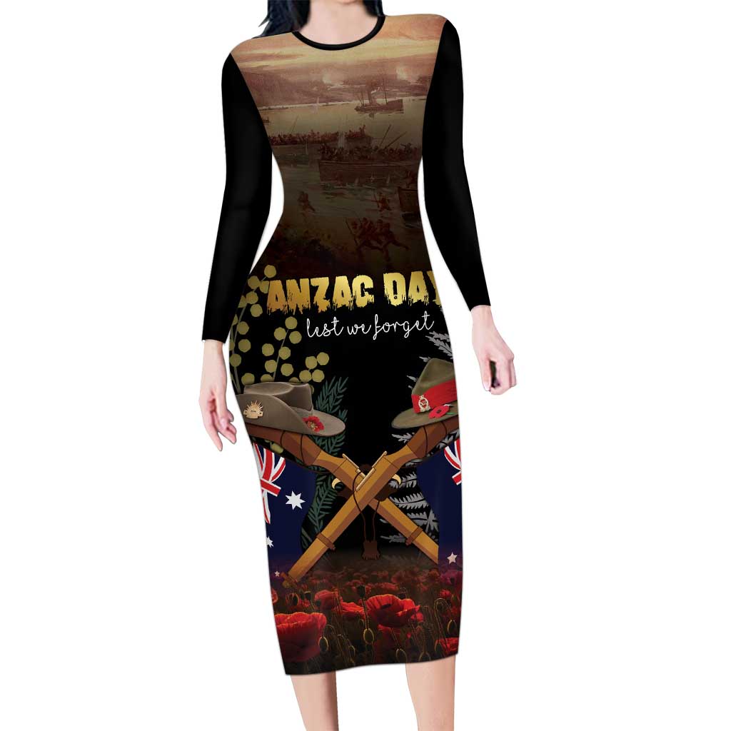 Australia - New Zealand ANZAC Long Sleeve Bodycon Dress Gallipoli ANZAC Cove Landing