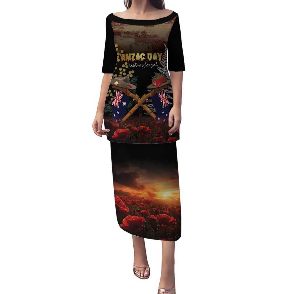 Australia - New Zealand ANZAC Puletasi Gallipoli ANZAC Cove Landing LT7 Long Dress Black - Polynesian Pride