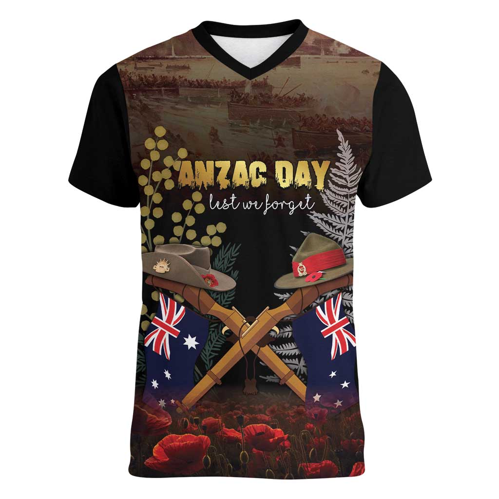 Australia - New Zealand ANZAC Women V-Neck T-Shirt Gallipoli ANZAC Cove Landing LT7 Female Black - Polynesian Pride