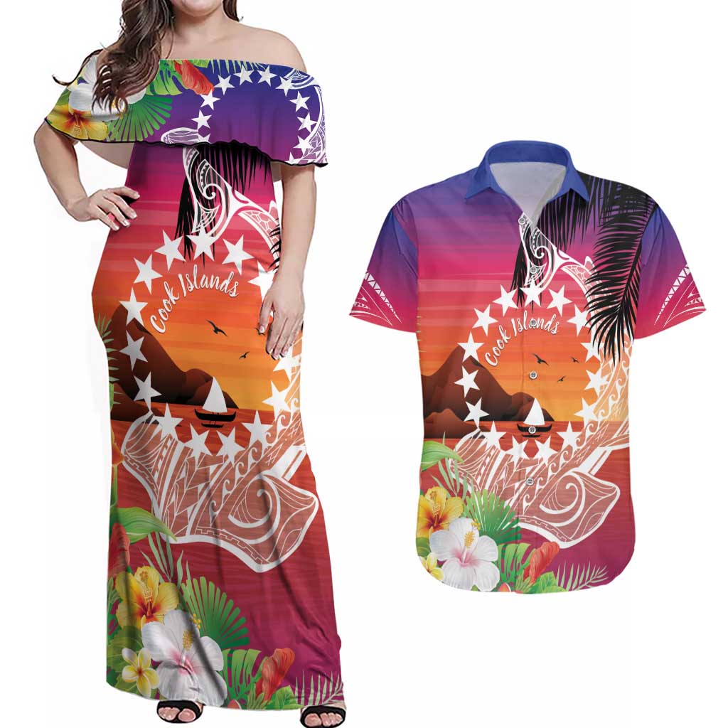 Kia Orana Cook Islands Couples Matching Off Shoulder Maxi Dress and Hawaiian Shirt Sunset Dream LT7 Art - Polynesian Pride