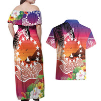 Kia Orana Cook Islands Couples Matching Off Shoulder Maxi Dress and Hawaiian Shirt Sunset Dream LT7 - Polynesian Pride