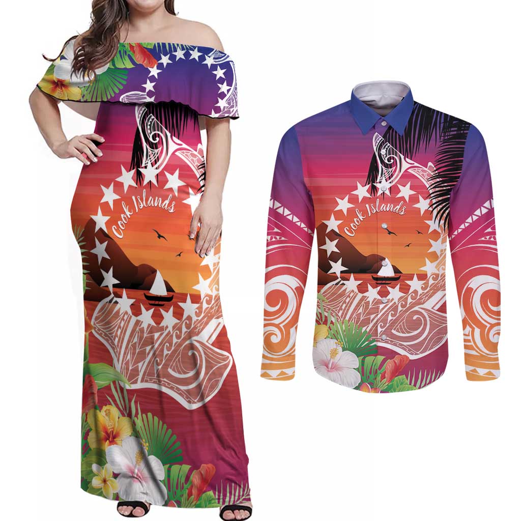 Kia Orana Cook Islands Couples Matching Off Shoulder Maxi Dress and Long Sleeve Button Shirt Sunset Dream LT7 Art - Polynesian Pride