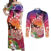 Kia Orana Cook Islands Couples Matching Off Shoulder Maxi Dress and Long Sleeve Button Shirt Sunset Dream LT7 Art - Polynesian Pride