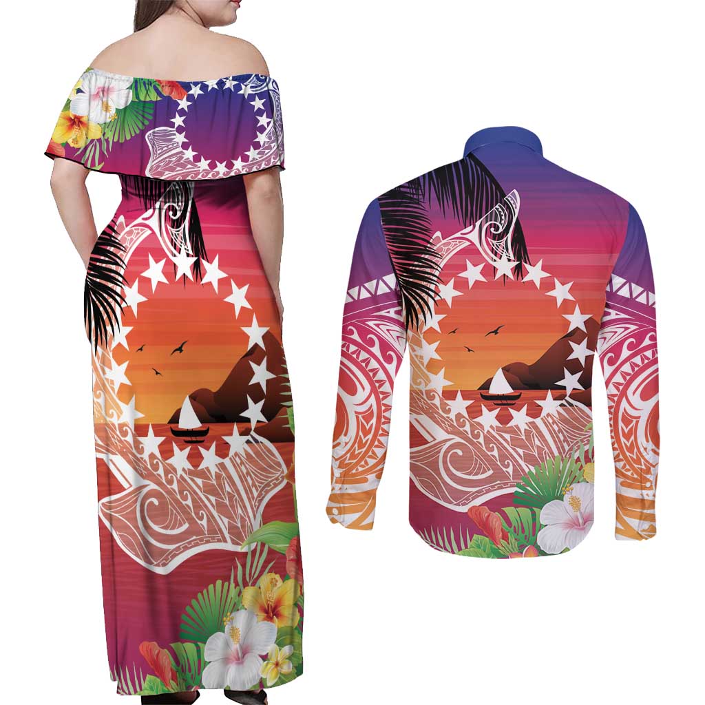 Kia Orana Cook Islands Couples Matching Off Shoulder Maxi Dress and Long Sleeve Button Shirt Sunset Dream LT7 - Polynesian Pride