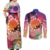 Kia Orana Cook Islands Couples Matching Off Shoulder Maxi Dress and Long Sleeve Button Shirt Sunset Dream LT7 - Polynesian Pride