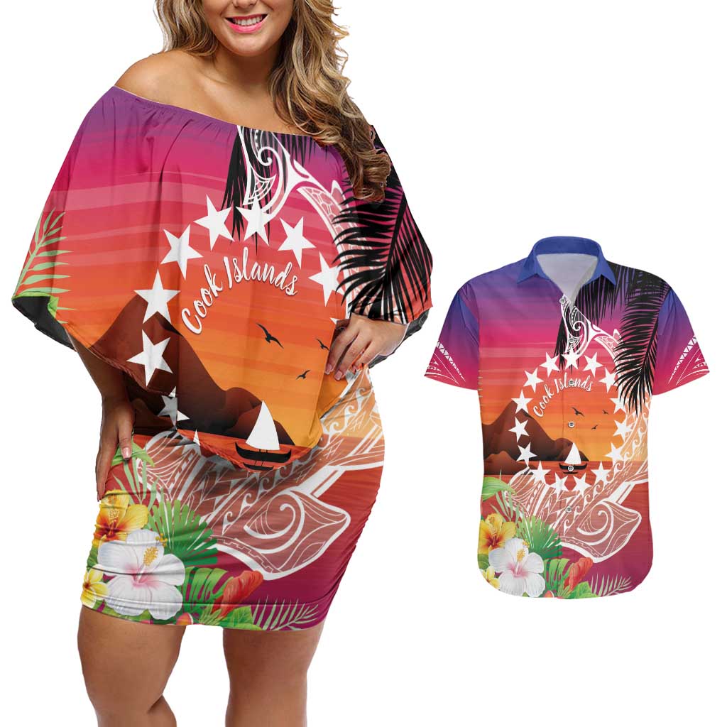 Kia Orana Cook Islands Couples Matching Off Shoulder Short Dress and Hawaiian Shirt Sunset Dream LT7 Art - Polynesian Pride