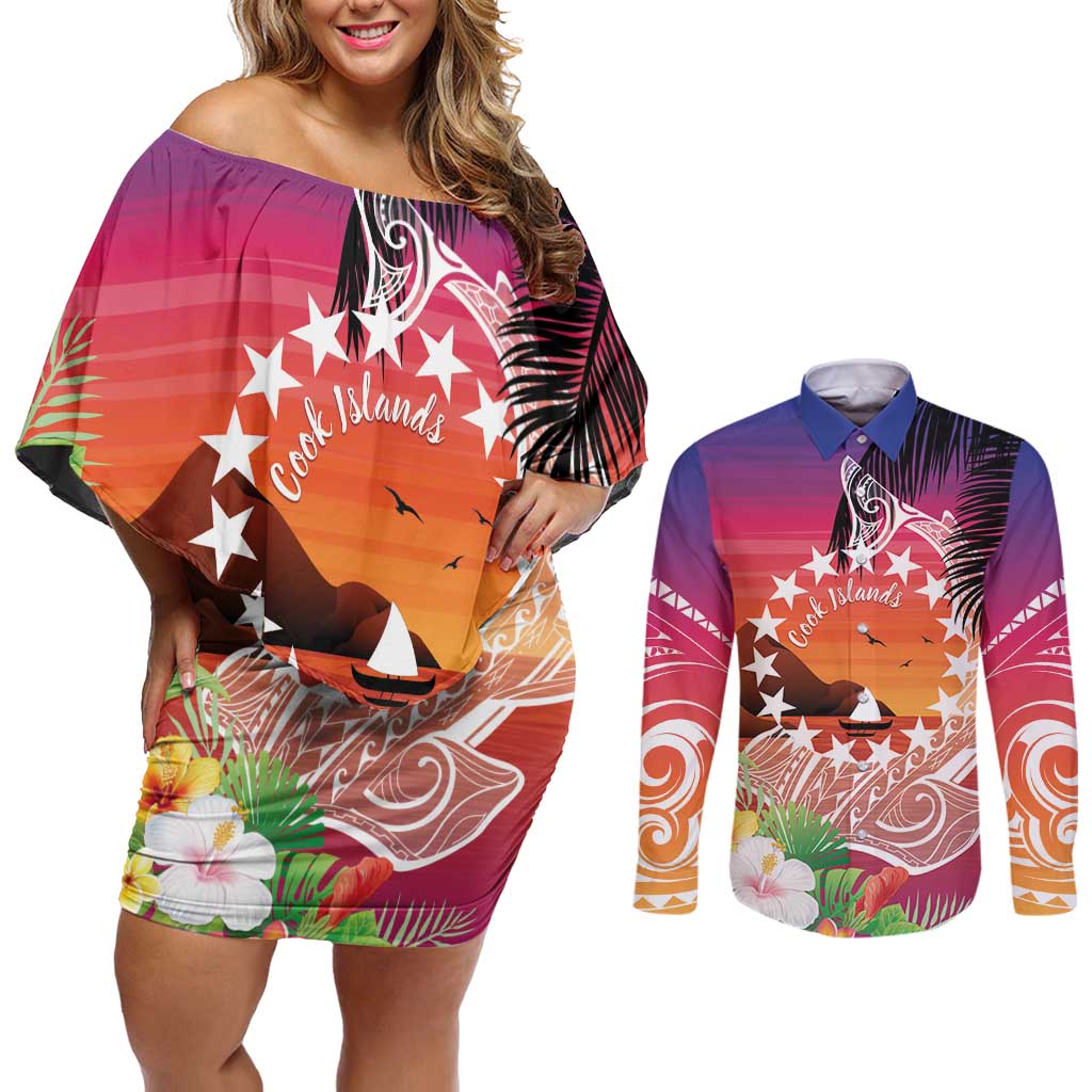 Kia Orana Cook Islands Couples Matching Off Shoulder Short Dress and Long Sleeve Button Shirt Sunset Dream LT7 Art - Polynesian Pride