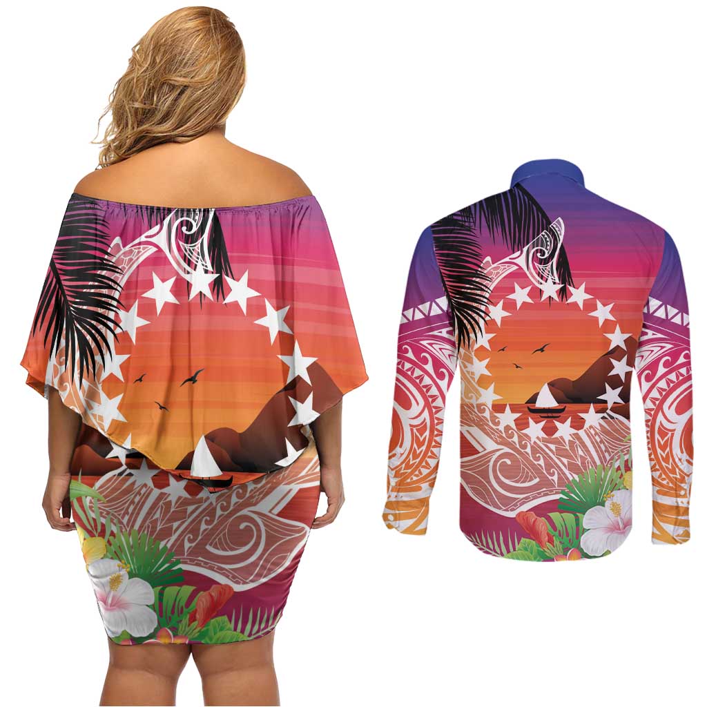 Kia Orana Cook Islands Couples Matching Off Shoulder Short Dress and Long Sleeve Button Shirt Sunset Dream LT7 - Polynesian Pride